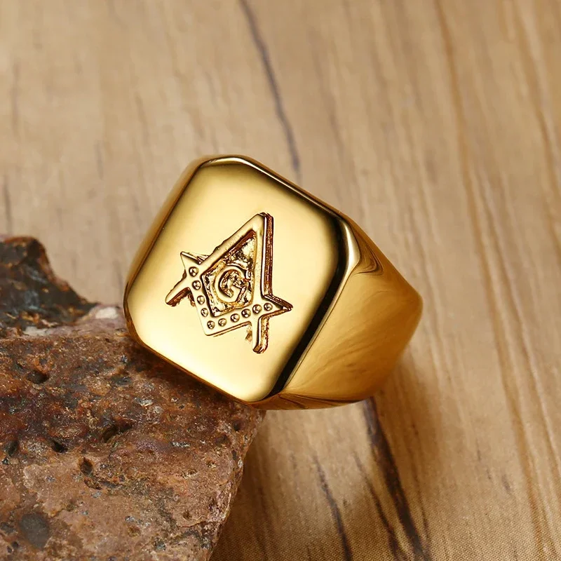Gold Plated Stainless Steel High Polish Freemasonry Masonic Signet Ring for Men