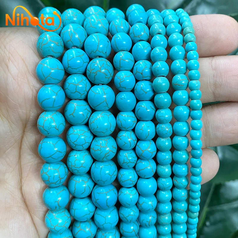 Smooth Blue Stripe Turquoises Round Loose Beads DIY Bracelet NecklaceAccessories 15'' Strand 4/6/8/10/12mm for Jewelry Making