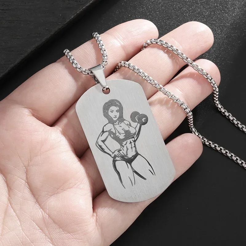 Niche Hip-Hop Creative Design Female Bodybuilding Muscle Photo Stainless Steel Pendant Men's and Women's Yoga Sports Jewelry