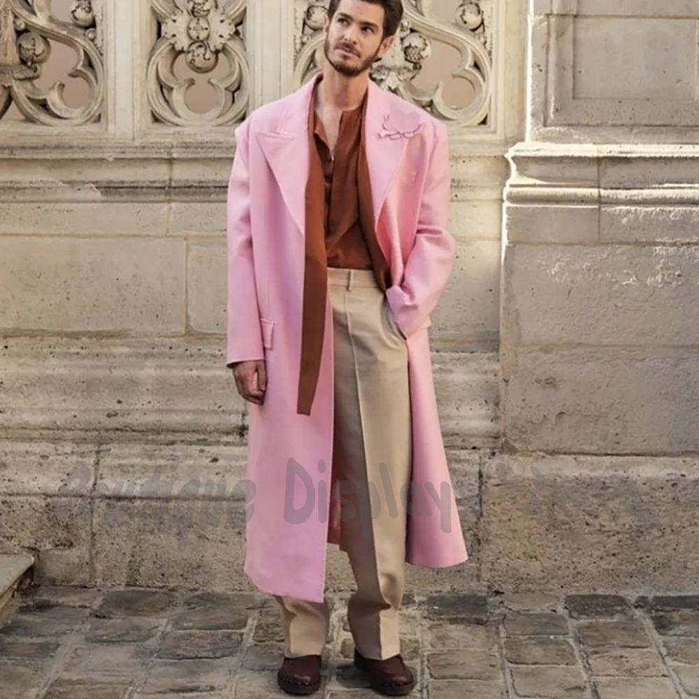 

Chic Pink Men's Suit Jacket One Piece Oversized Peak Lapel Long Coat Pure Color Luxury Fashion Streetwear Blazer for Prom Daily