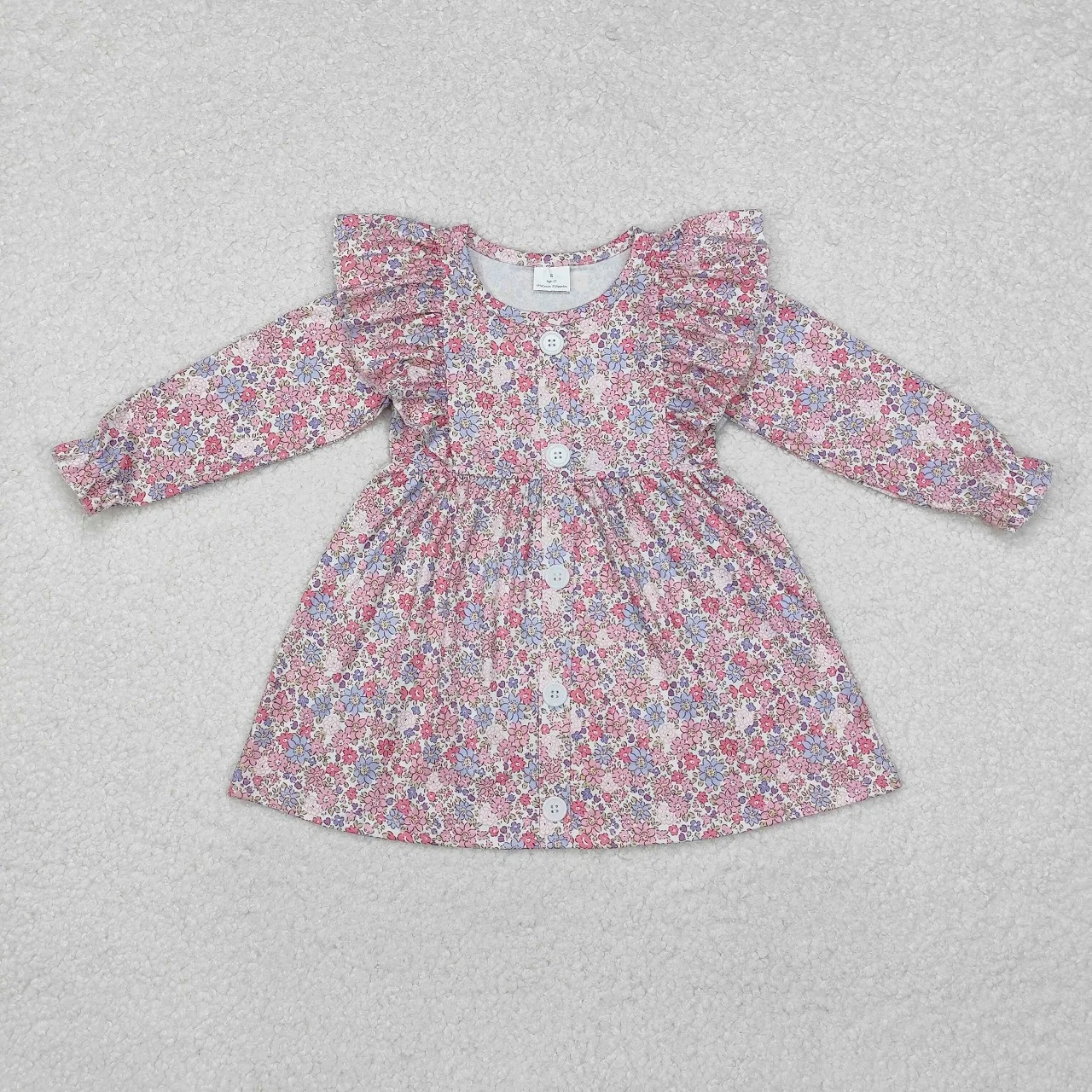 Wholesale Baby Girl Flower Dress Kids Children Long Sleeves Ruffle Knee Length Infant Toddler Buttons Floral One Piece Clothes