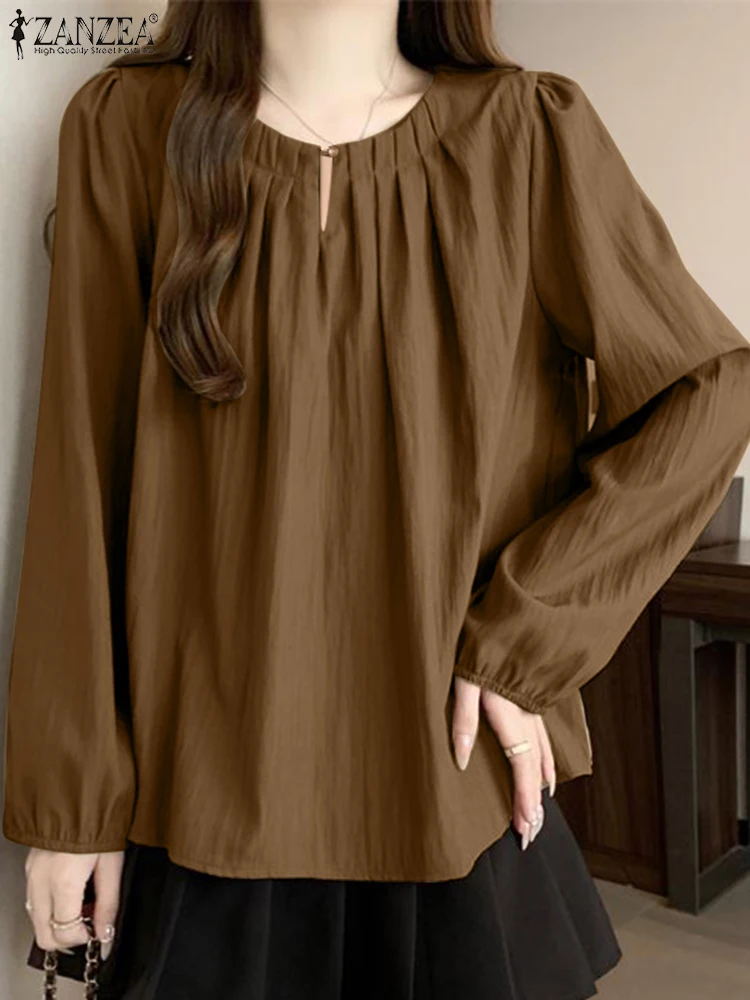 

ZANZEA Korean Style Solid Color Smock Tops 2025 Spring Elegant Pleated Casual Blouses Long Puff Sleeve O Neck Women Blusas Mujer