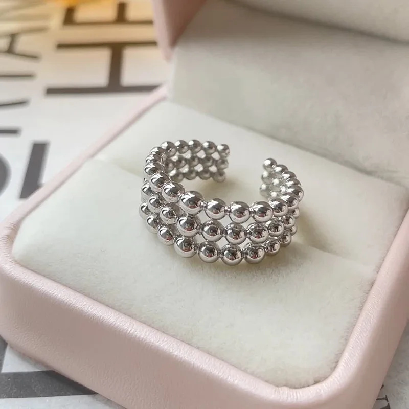 Personality Fashion 925 Sterling Silver Adjustable Three-layer Round Bead Ring for Women Creative Design Jewelry Accessory Gifts