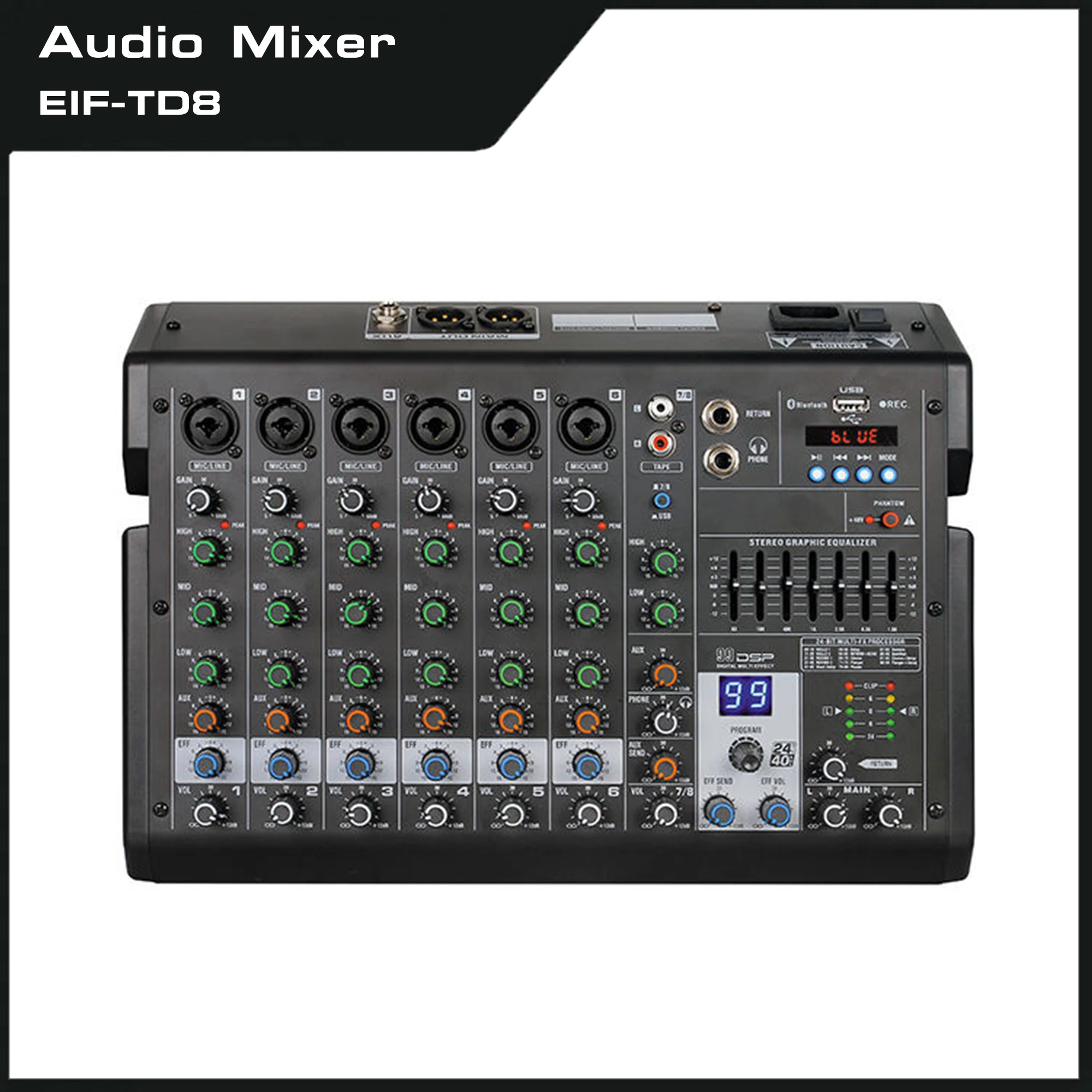 

EIF-TD8 Professional Audio Mixer Portable Audio Mixer with Recording and 48V Phantom Power Supply 8 Channel