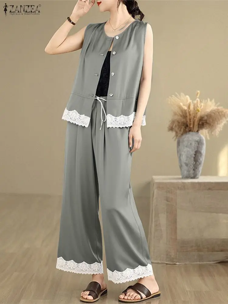 ชุดเซ็ตแฟชั่นผู้หญิง ZANZEA 2025 ชุดฤดูร้อนผ้าลูกไม้ 2 ชิ้น เสื้อแขนกุดสวยหรู กางเกงขายาวเอวยางยืด ชุดลำลอง