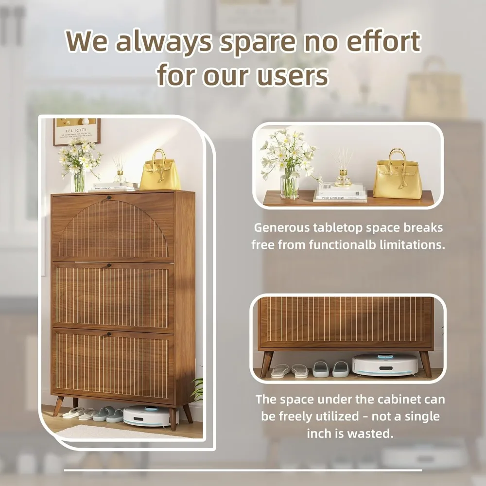 خزانة تخزين الأحذية الخشبية قائمة بذاتها مع 3 أدراج للمدخل وتصميم اللوحة المخددة