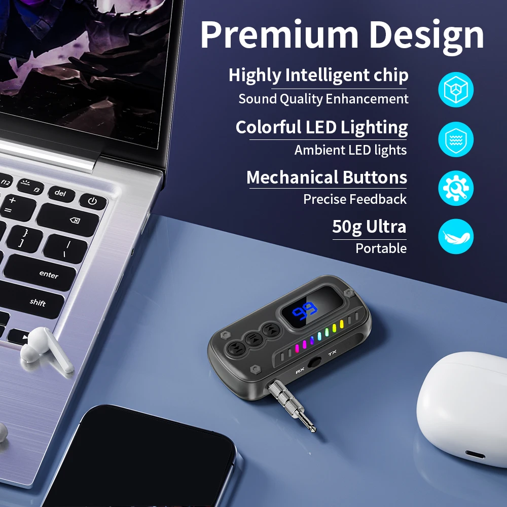 블루투스 5.3 송수신 어댑터 차량용 음악 헤드폰 스피커 3.5mm 잭 AUX 무선 오디오 어댑터