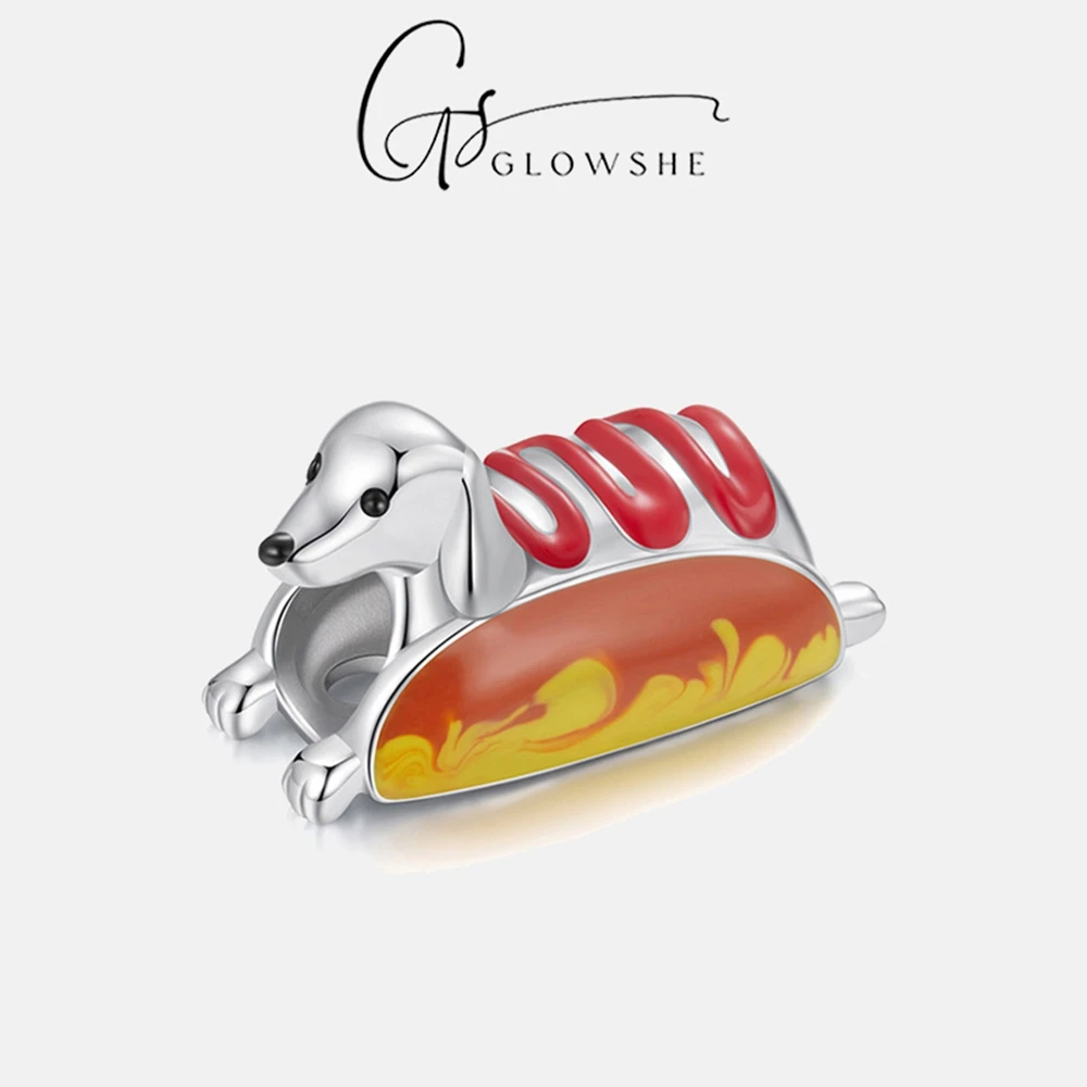 

Glowshe 100% 925 Sterling Silver Hot Dog Dachshund Charm Beads DIY Bracelet Necklace Handruff Pendant Accessories High Quality
