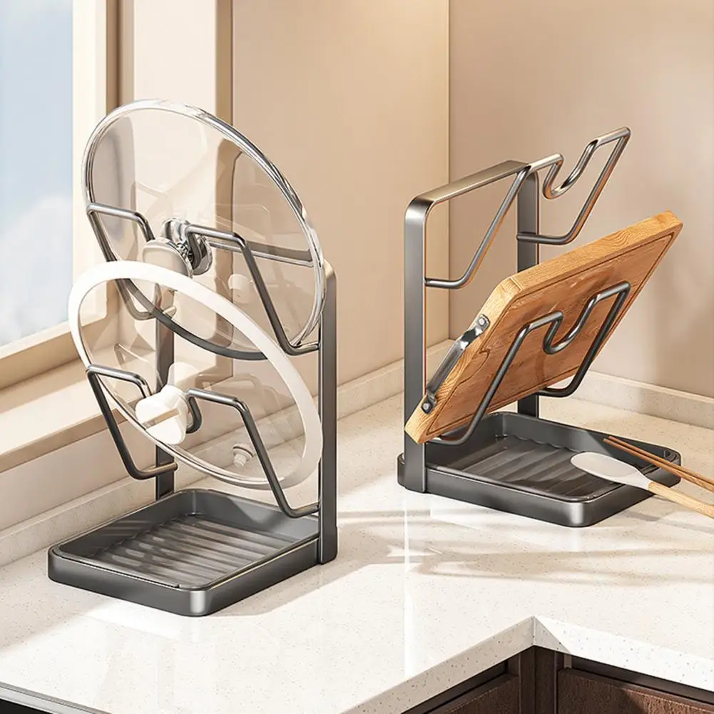 قوي غطاء وعاء رف غطاء وعاء حامل مع مقلاة استنزاف U على شكل الأخدود منظم مطبخ متعدد الوظائف غطاء وعاء ملعقة رف للموقد