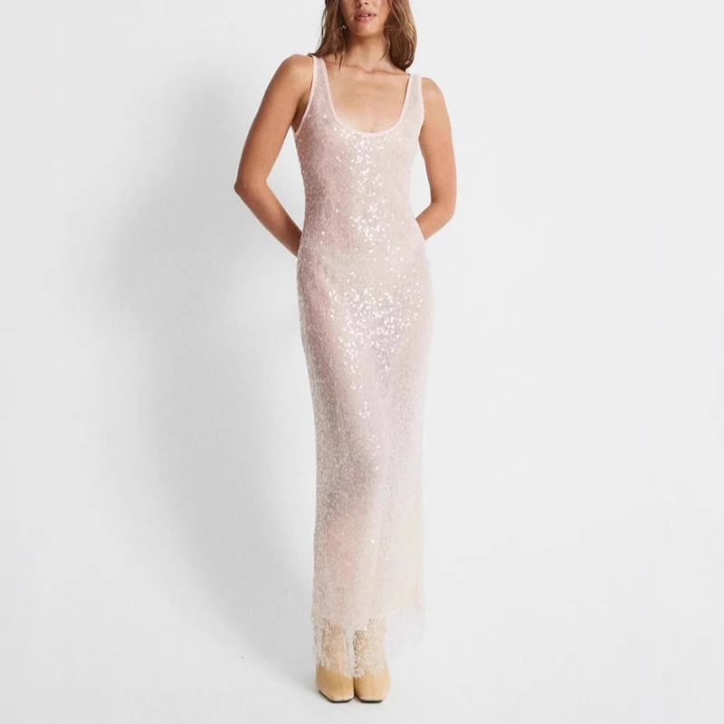 2025, neue Nette Casual Wear Durchsichtig Rosa Pailletten Kleid Sexy Dame Backless Club Party Sling Sommer Schlank Prom Lange Kleider Mujer