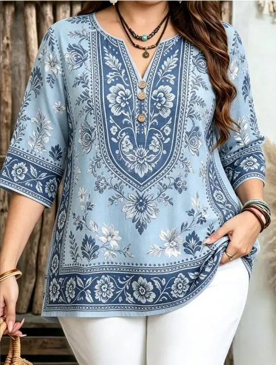 Women 3/4 Sleeve V‑Neck Blouse Button Decor Bohemian Border Floral Print Casual Daily Ladies Tops
