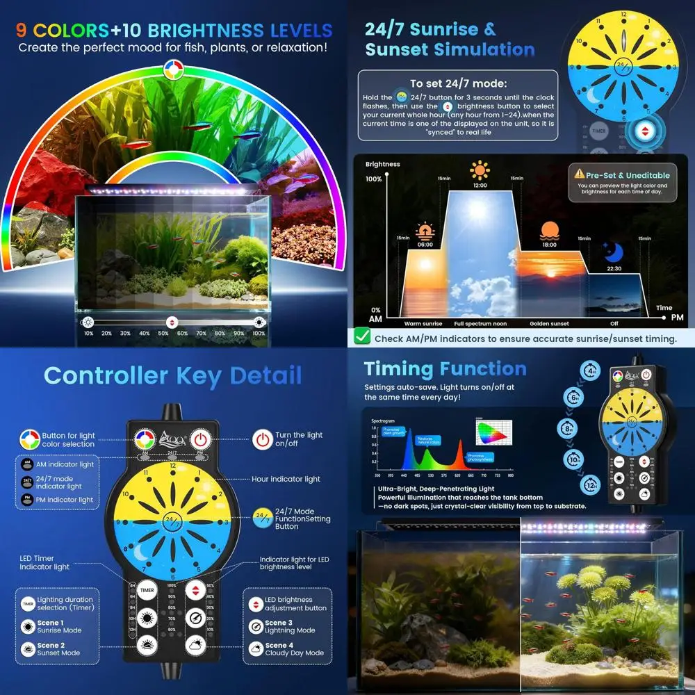 

24/7 Sun Cycle, 9 Color & 10-Level Brightness LED Aquarium Light for Freshwater Tanks (56W, 35-47 inch)