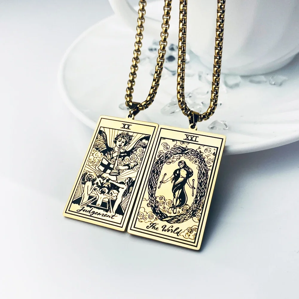 Retro Tarot Cards Esotericism Necklace Vintage Stainless Steel Jewelry Collar Tarot Good Luck Amulet The Major Arcana Pendant