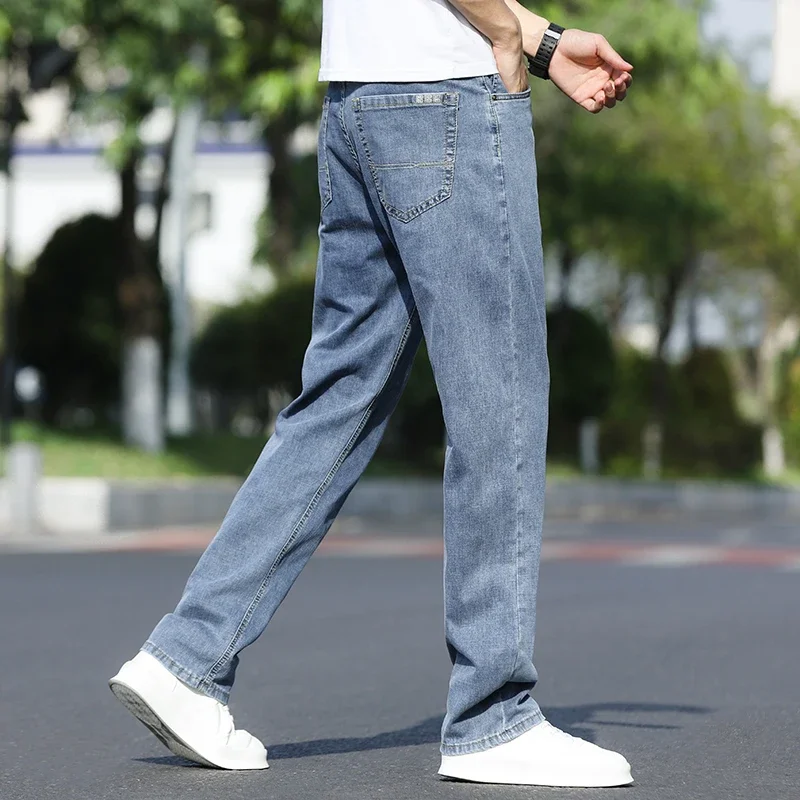 Men's Summer Pants Light Blue Casual Thin Denim Jeans Thin Loose Straight Pants Drawstring Elastic Waist Korea Casual Trousers