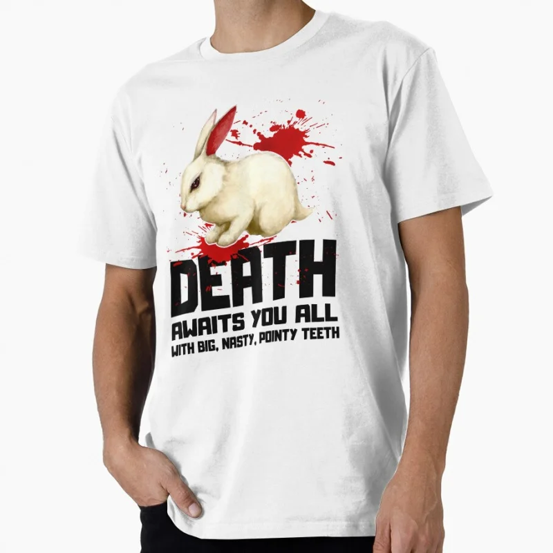 

Death Awaits You All with Big, Nasty, Pointy Teeth caerbannog killer rabbit Monty Python Funny gift T shirt Large size Tops