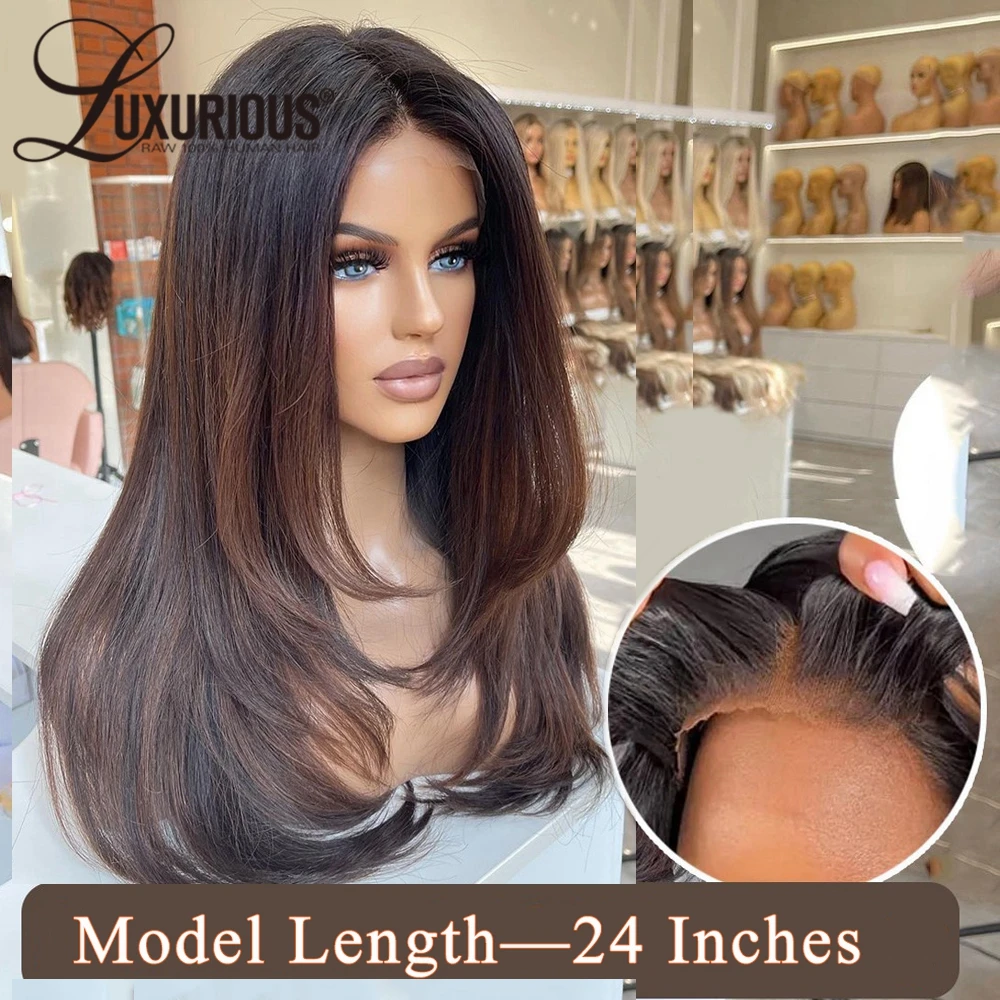 200 Density 13x4 Lace Front Human Hair Layered Wig Pre Plucked Ombre Brown Colored Straight Brazilian Frontal Wigs For Women