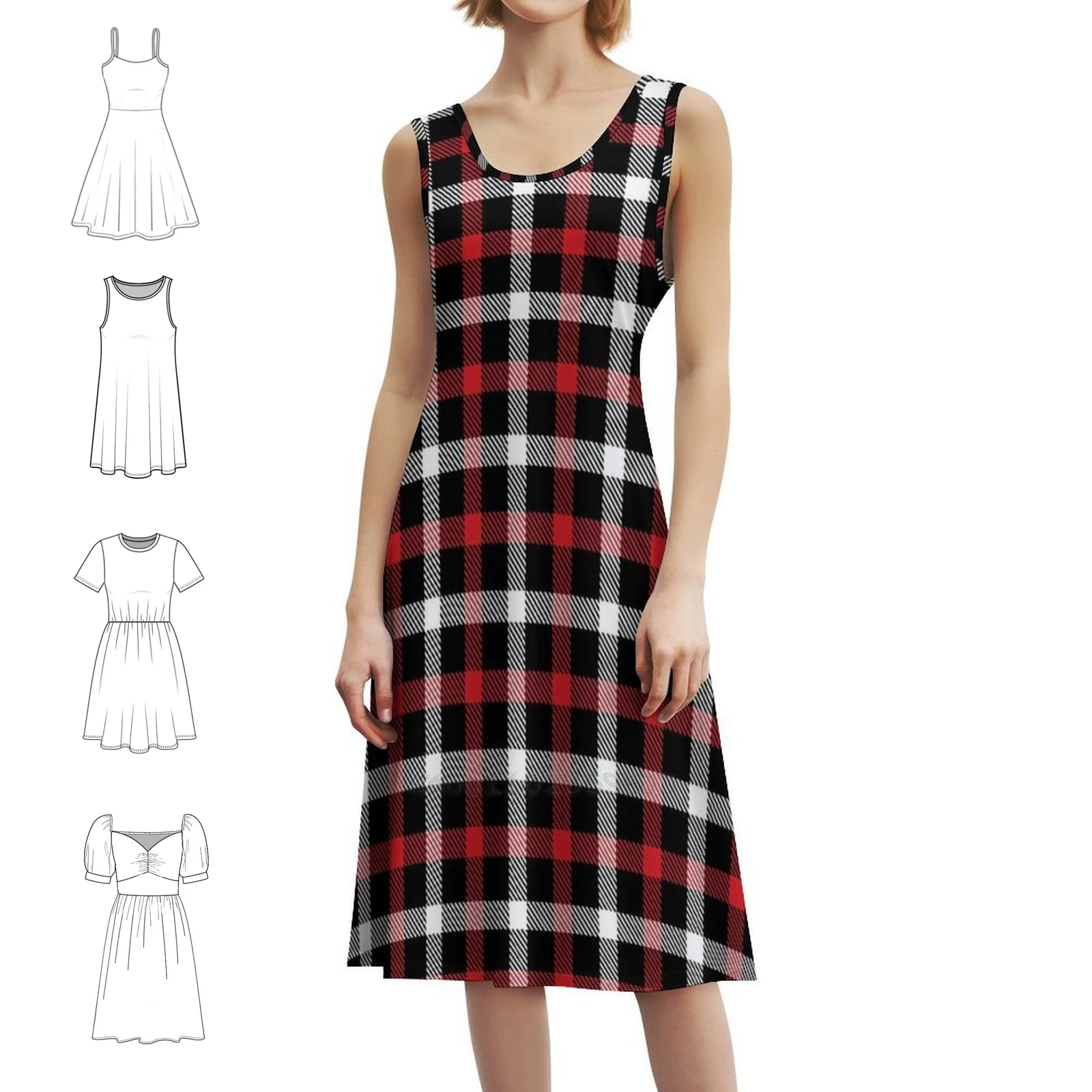 وسادة حمراء منقوشة الترتان منقوشة رمي الوسائد منقوشة المرأة فستان حفلة أنيق فستان على شكل حرف a مع خيارات قصيرة/طويلة/بدون أكمام #2