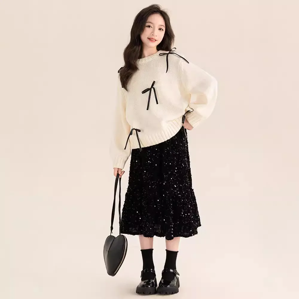 Girls Suits Children 2024 New Autumn Collection Sweater Top and Black Skirt Two-piece Set Clothes Korean Simple Style Suits