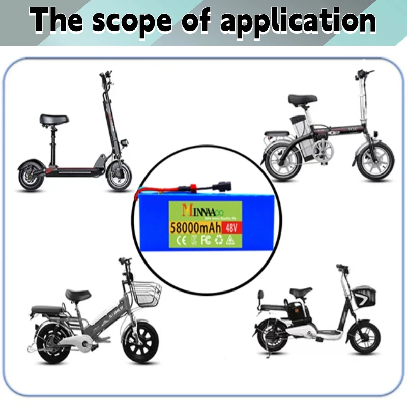 Baterai Lithium ion 48V 100mAh 1000w 13S3P XT60 kapasitas tinggi untuk 54.6v e-bike skuter sepeda listrik dengan BMS + pengisi daya