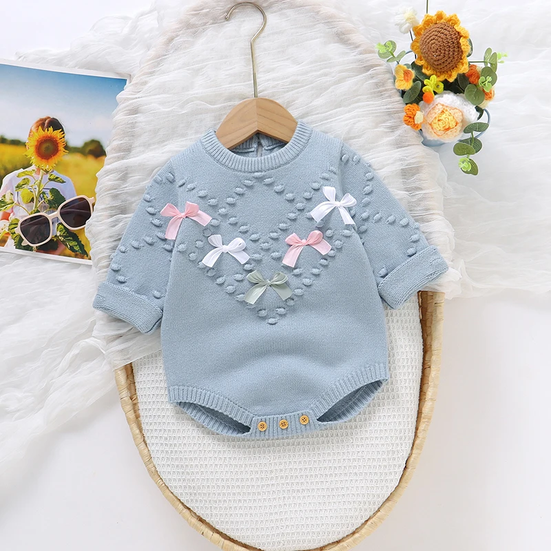 Body de punto para bebé, mono de manga larga para niña y niño, ropa de otoño para recién nacidos, mono con lazos, ropa de moda y adorable para niños de 0 a 18 meses.