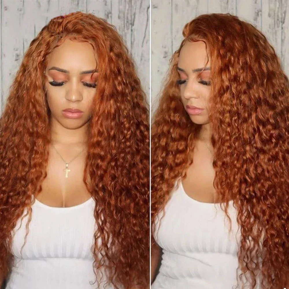 Kleberlose 26 Zoll lange, orangefarbene, verworrene, lockige 13*4*1 Lace-Front-Perücke mit 180er Dichte für schwarze Frauen, Babyhaar, synthetisch, vorgezupft