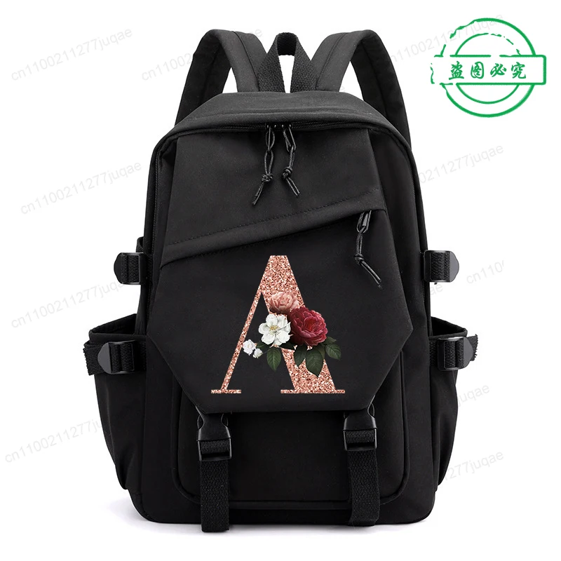 Rose Gold 26 Letter A~Z Students Women's Backpack Travel Rucksack Teenager Large Back Pack Mochilas Mujer School Bags for Girls