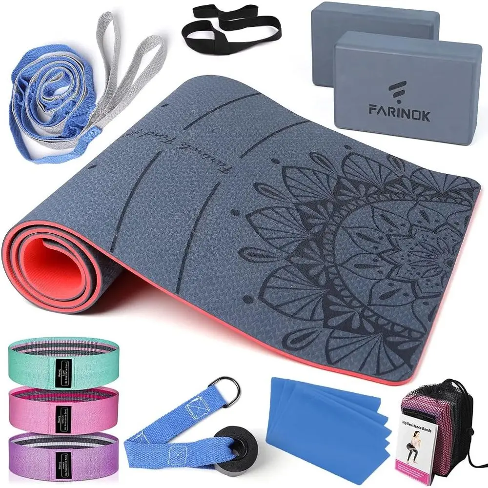 

1/3 Inch Thick Yoga Mat Set for Beginners with Strap, Blocks, Booty Band, Door Anchor, and Carrying Bag