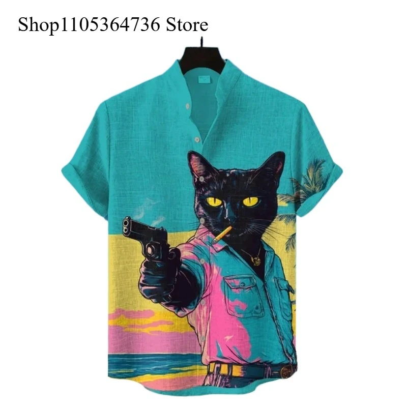 

Мужская летняя пляжная рубашка с коротким рукавом и принтом в виде черной кошки, повседневная рубашка с цветочным принтом и пуговицами на воротнике
