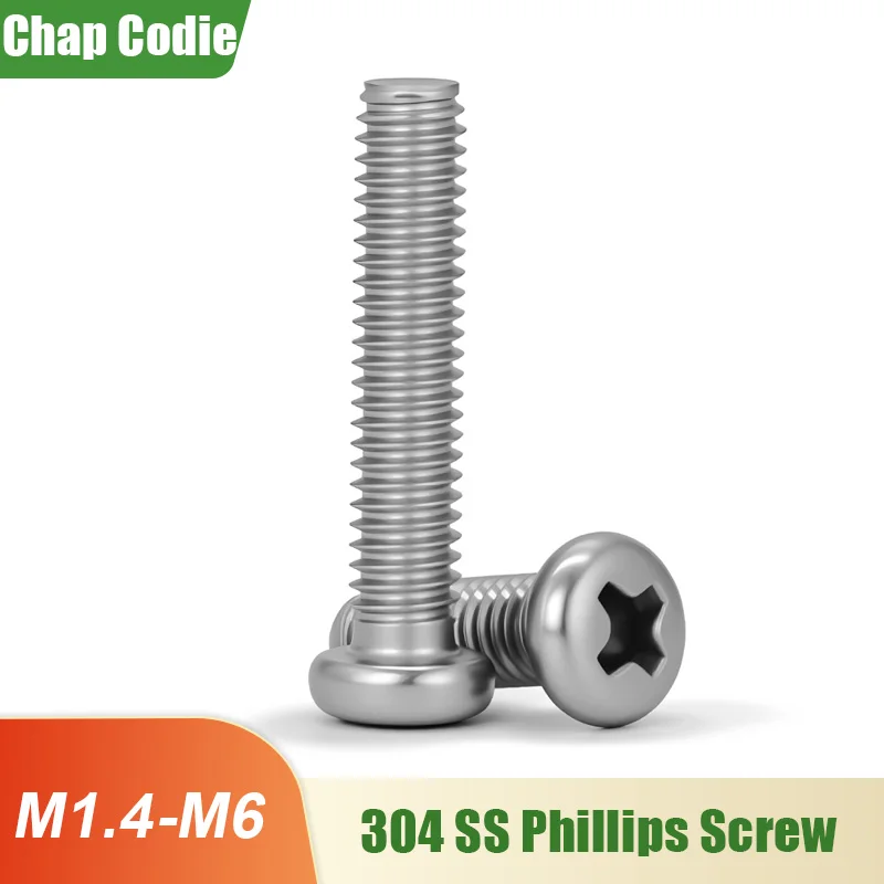 304 Stainless Steel Pan Head Phillips Screw Thread Cross Recessed Metal Bolts DIY Screws M1.4 M1.6 M2 M2.5 M3 M3.5 M4 M5 M6