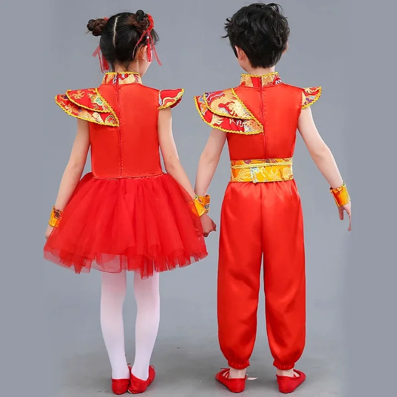 Chinese Traditional Style Boy Girl Chinese New Year Clothes Kids Red Folk Dance Costumes Stage Party Festival Hanfu Wear