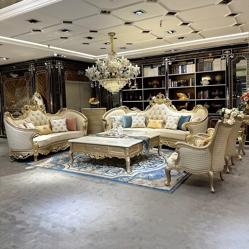 

French Leather Sofa 1135 Combination, European Sofa Luxury Villa Living Room Solid Wood Champagne Curved Sofa