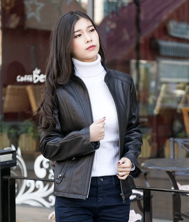 

Slim Fit Stand Collar Women's Jaet New Zealand Top Layer eepskin Genuine Leather ort Sle Zipper Sve Long Coat