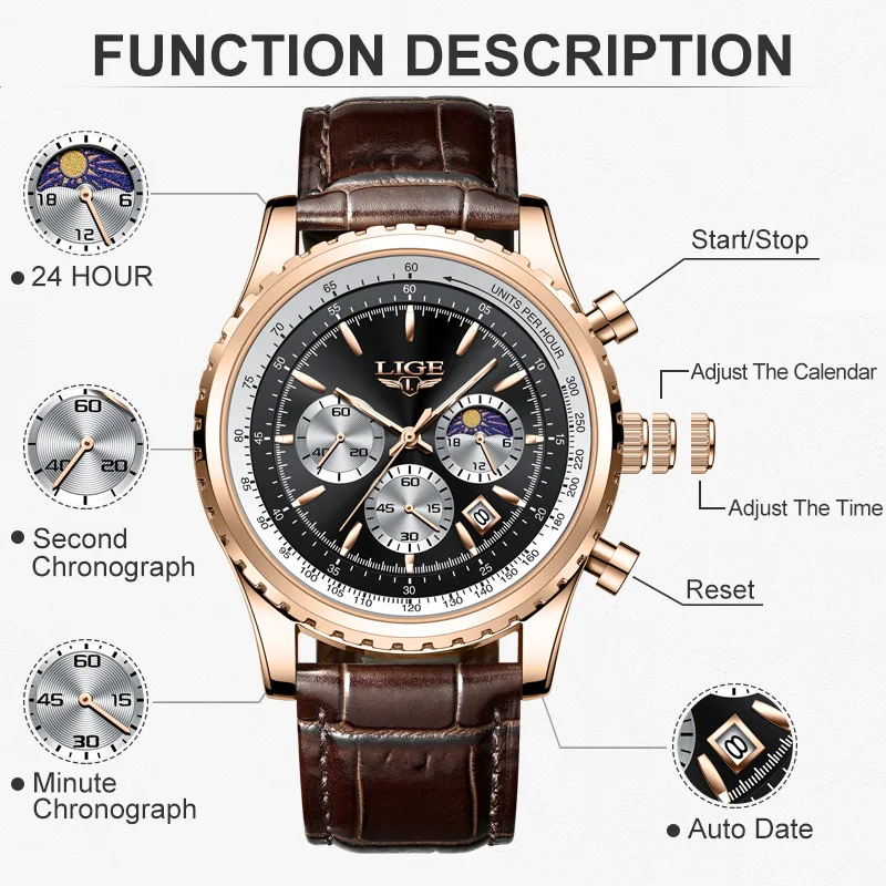 New Fashion Mens Watches LIGE Top Brand Luxury Leather Casual Quartz Watch Men\'s Sport Waterproof Clock Watch Reloj Hombre+Box