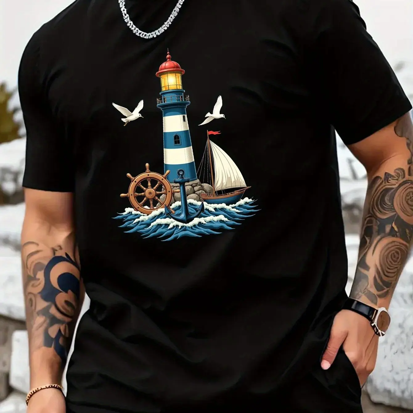

Хлопковая мужская футболка с морским принтом, летняя повседневная спортивная одежда, микроэластичная футболка стандартного кроя, которую можно стирать в машине, футболка с рисунком маяка