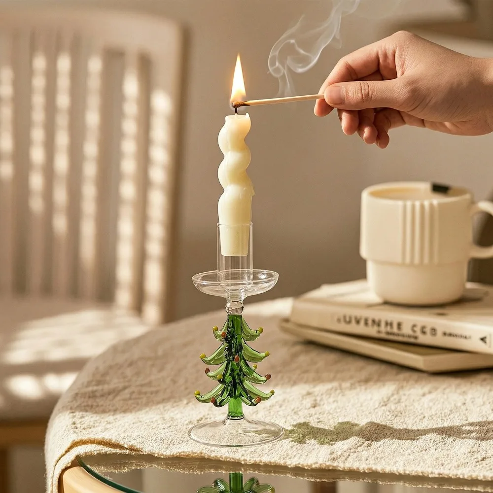 Nordic Style Christmas Trees Candlestick Prevent Dripping Glass Candle Stand Slim Tall Foot Dinning Table Centerpiece Festive
