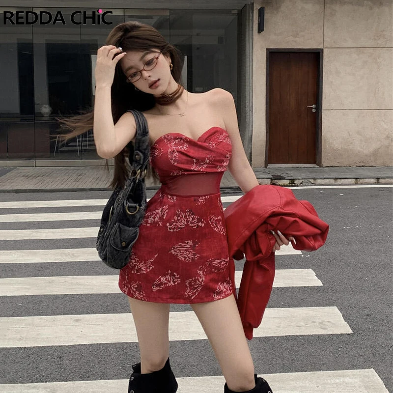 ReddaChic Women Sheer Mesh Stitch Bodycon Dress Butterfly Print V-neck Strapless Corset Mini Dress Prom Party Vintage Clothes