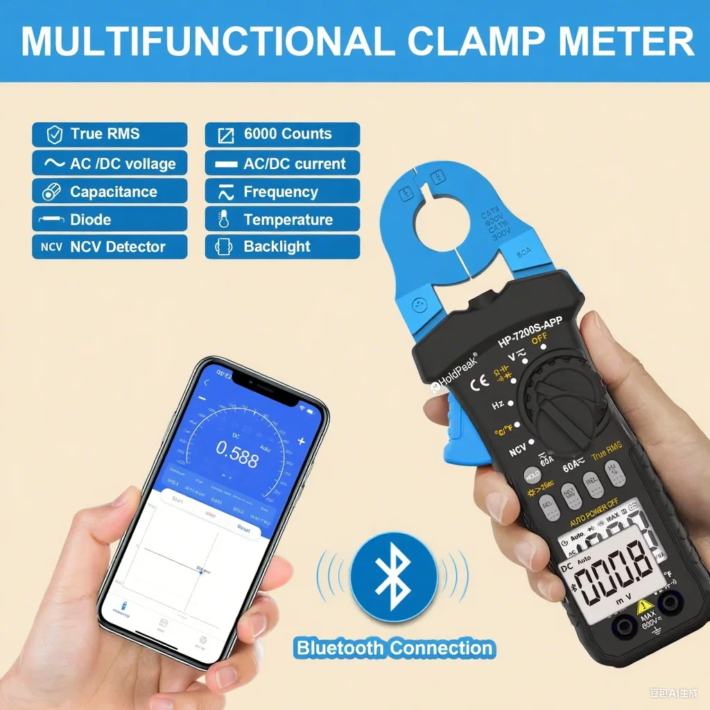 6000 COUNTS WITH APP DC/AC TRUE-RMS CLAMP MULTIMETER, DC & AC Voltage, DC & Current, Resistance, Capacitor, Frequency HP-7200S-A