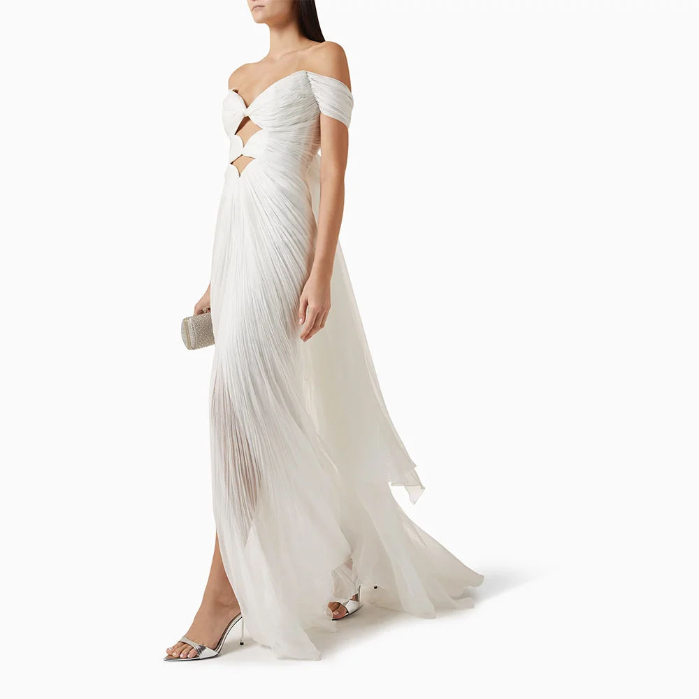 Abito da ballo semplice bianco Abito lungo fino al pavimento in chiffon con spalle scoperte Abito da festa elegante a sirena con pieghe per donna personalizzato 2025