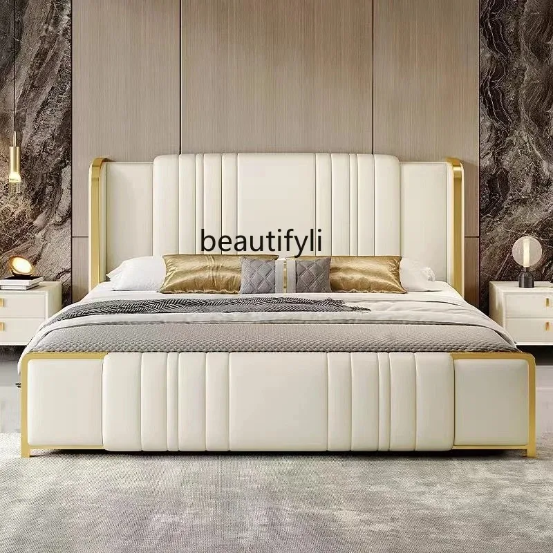 A9344 Light luxury, master bedroom, big bed, leather solid wood frame bed, high-end, soft leather bed