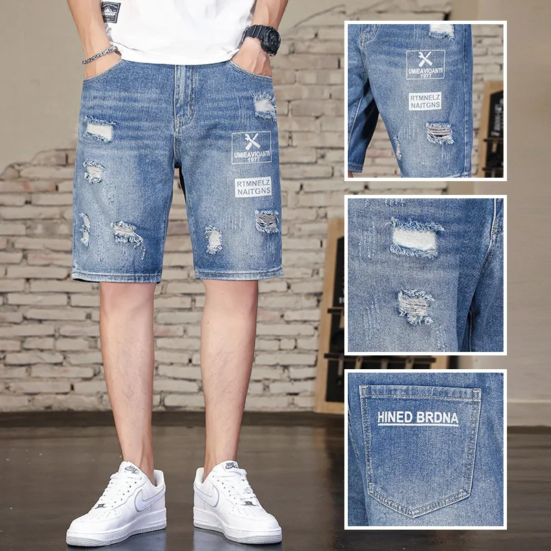 

Ripped denim shorts for men in summer thin fit loose straight legmen's casual pants men clothing short jeans for men