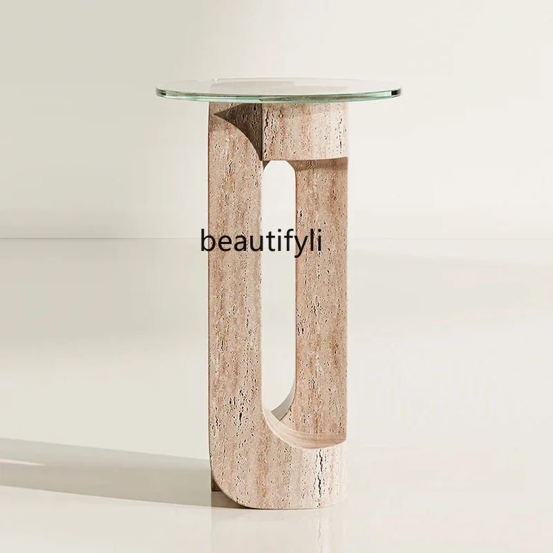 

Natural travertine edge few high-end designer living room rounded corner few small coffee table model room sofa side table