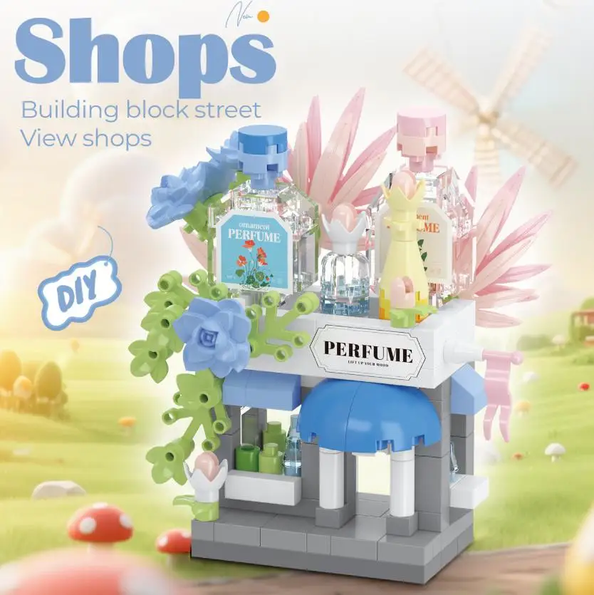 Grappige bibliotheek Snoepwinkel Dierenwinkel Brood Straatzicht Koffieshop Stad Miniatuur Kleine bouwstenen Ornamenten Winkel DIY Speelgoed