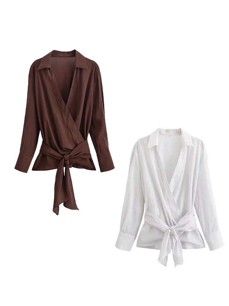 Camisa con estampado a rayas para mujer, camisa elegante de ocio con cuello en V y botones de manga larga con cinturón, nueva moda de otoño 2025