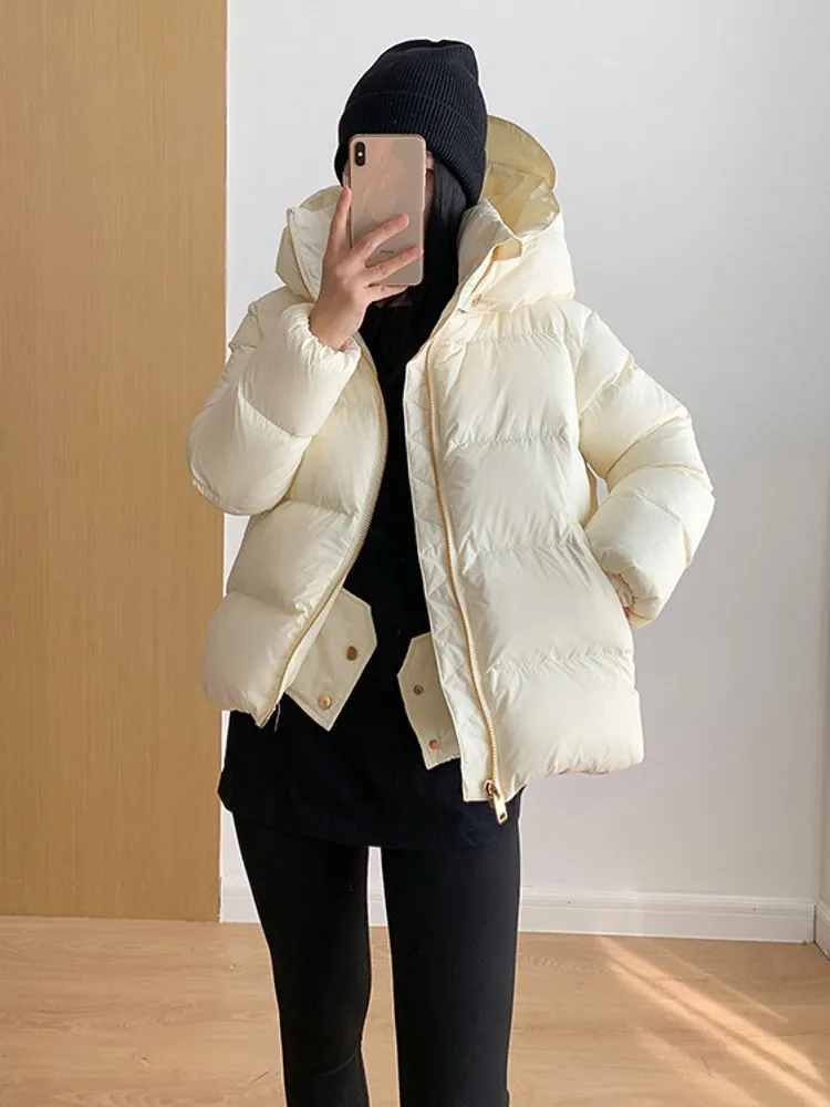 High Quality Women White Goose Down Jacket Short Style Casual Female Thick Warm Overcoat Loose Fit Hooded Windproof Down Coats