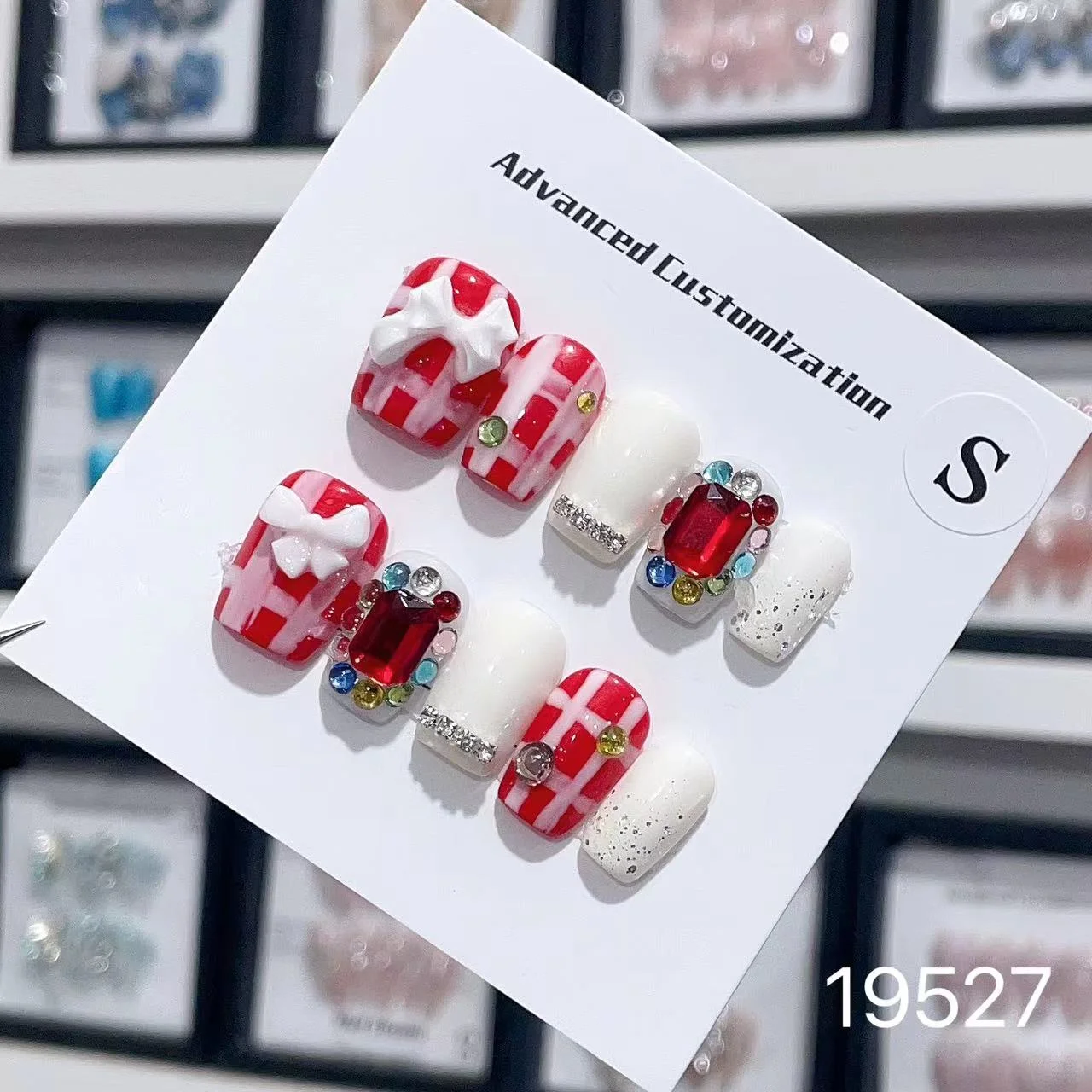 Red 3D Christmas Fake Nail Santa Bow Kawaii White Wearable Nail Art Cute Manicure Short Square Acrylic Handmade Press on Nails