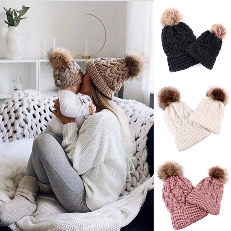 Women Girls Boys Pom Pom Hat Winter Warm Fur Pompom Hairball Knitted Beanies Hats Mom Kids Caps