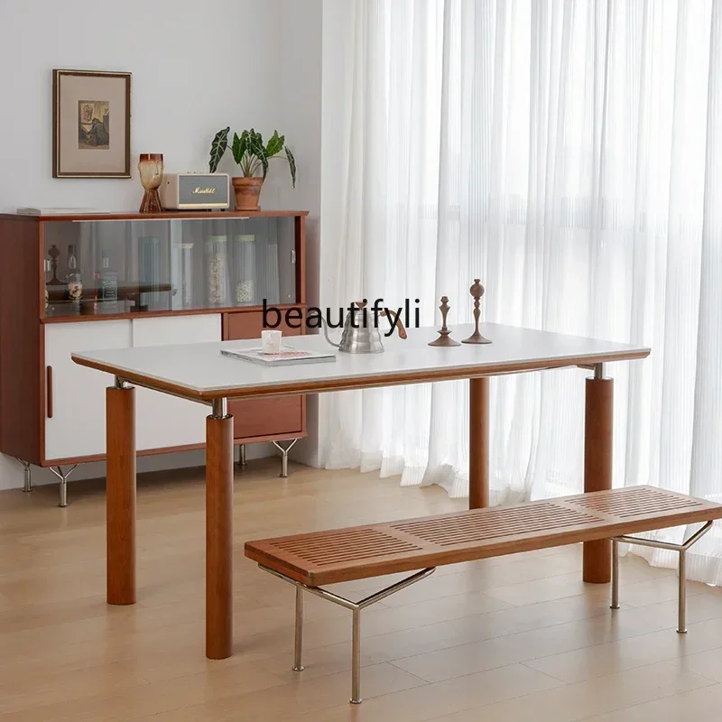 

XZDining table Bauhaus style long table solid wood 304 stainless steel rock slab rectangular table