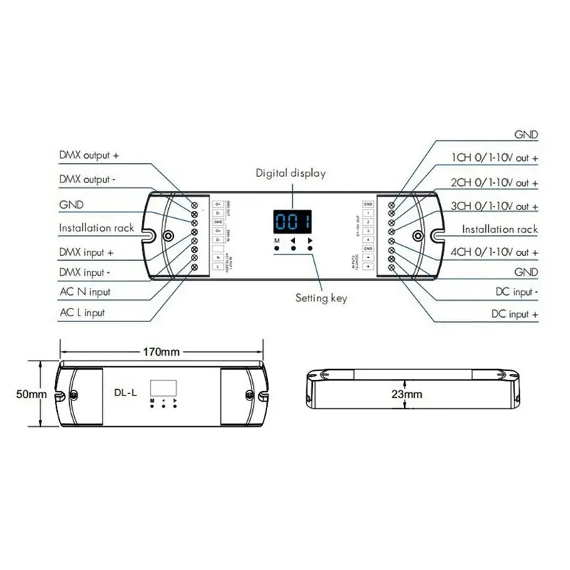 AS95 2X 4 Channel DMX512 to 1-10V/0-10V Converter, DC 12-24V Input DMX RDM Numeric Display Signal Transformer DL-L