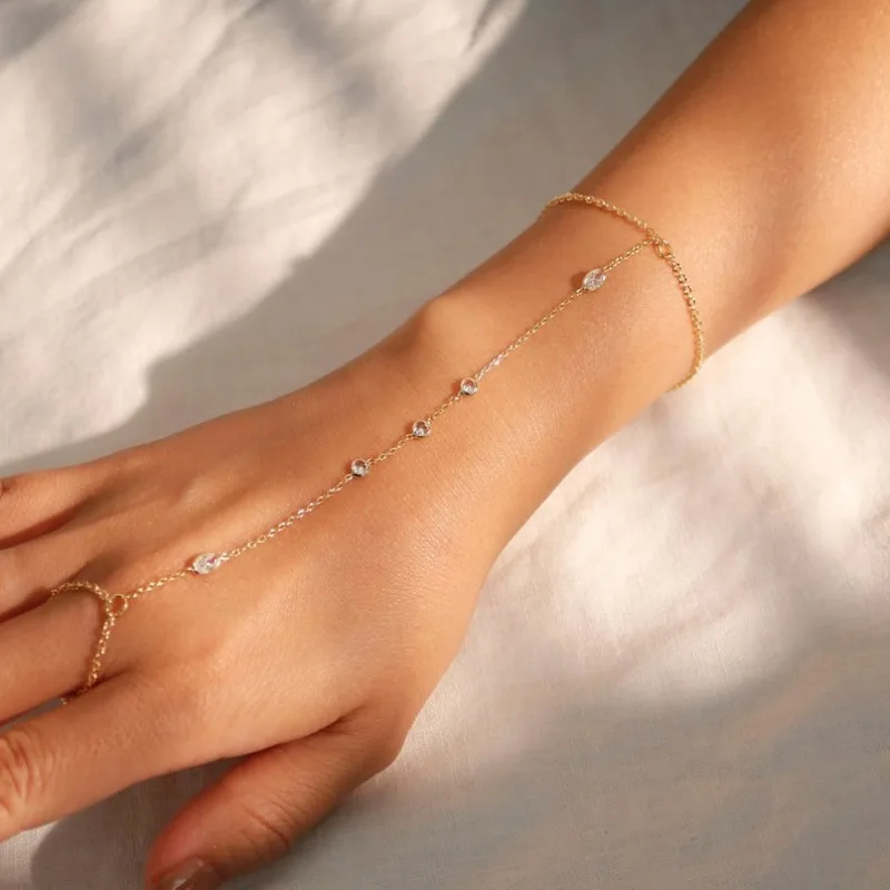 Real 18K Solid Gold Diamond Cubic Zirconia Slave Bracelet, Stainless Steel Chain Hand Ring Handlet Bracelets Gift for Women Girl