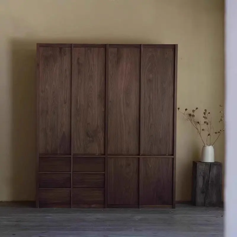 North American Black Walnut Solid Wood Wardrobe Household Small Apartment Cherry Wood Skeleton Line Wardrobe Bedroom Drawer Lock